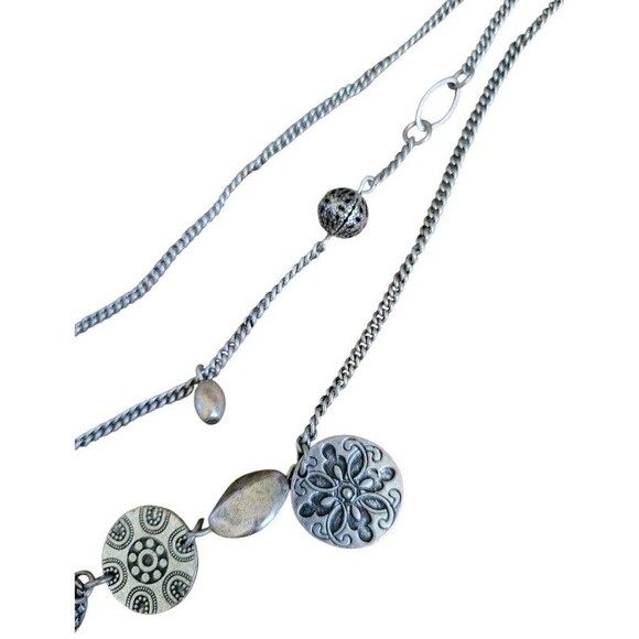 Macy's Eclectic Ethnic Design Multi Layer Disc Silver Tone Rhinestone Necklace - Picture 4 of 6